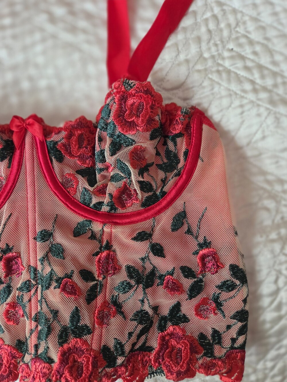 Red Rose Embroidered Mesh Tie-Shoulder Corset Crop Top Size S - Picture 5 of 10